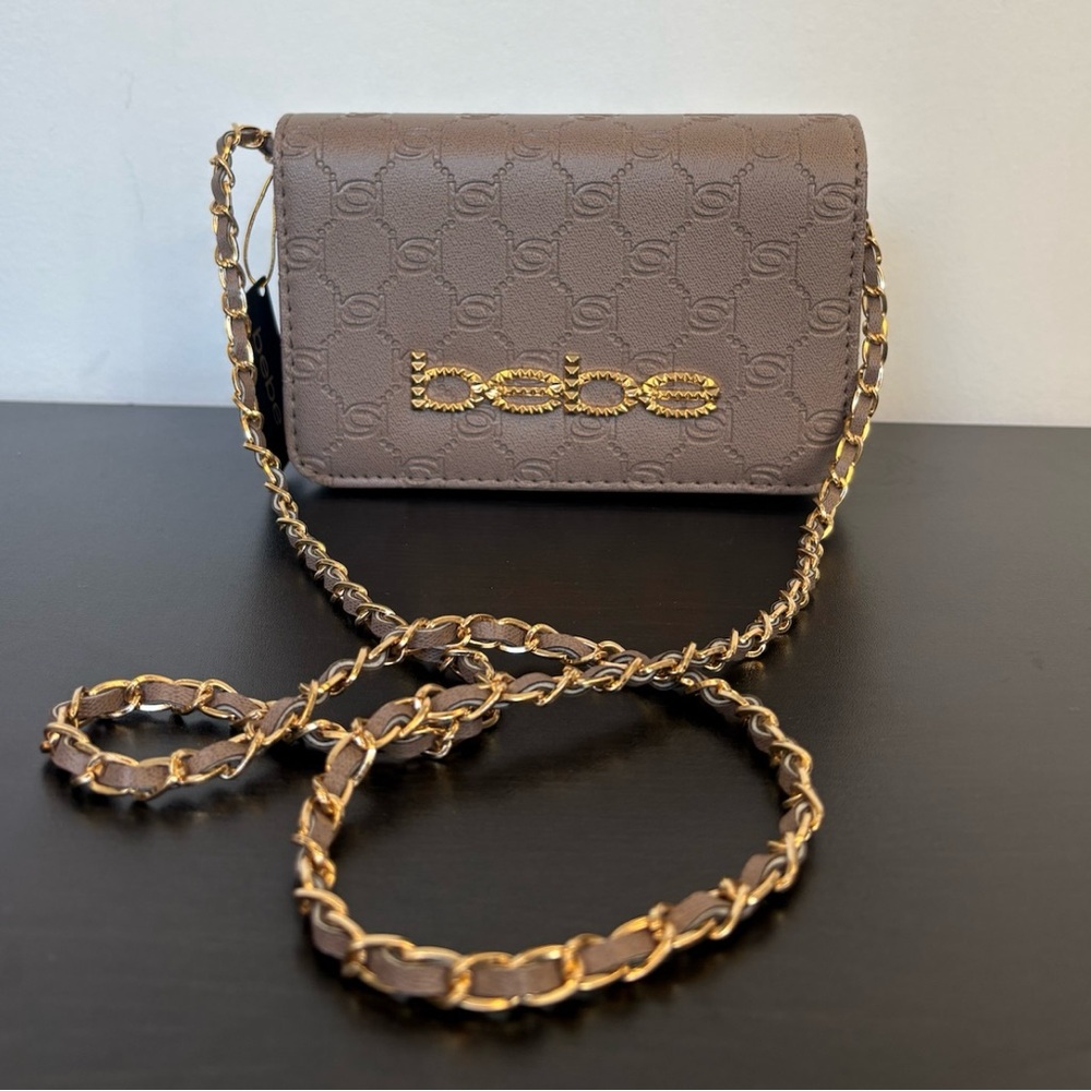 New! Bebe Taupe Crossbody Bag with Gold Chain